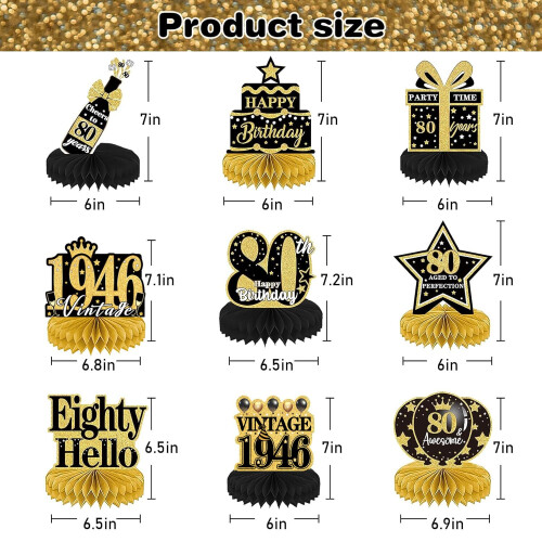 Luvart 80th Birthday Decorations - 9pcs Black and Gold Table Decoratio 1