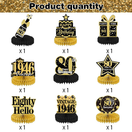 Luvart 80th Birthday Decorations - 9pcs Black and Gold Table Decoratio 2