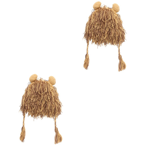 2Stk Plüsch Löwenkopfmütze Beige Kostüm Tierkopf Accessoire 1