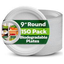 Strong Paper Plates 9 Inch 150 Pack, White Disposable Bagasse Plates