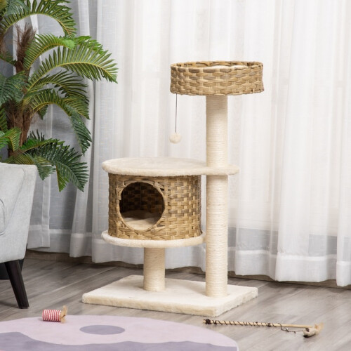 Árvore para gatos de vime com caverna e brinquedo de bola para gatos pequenos. 1