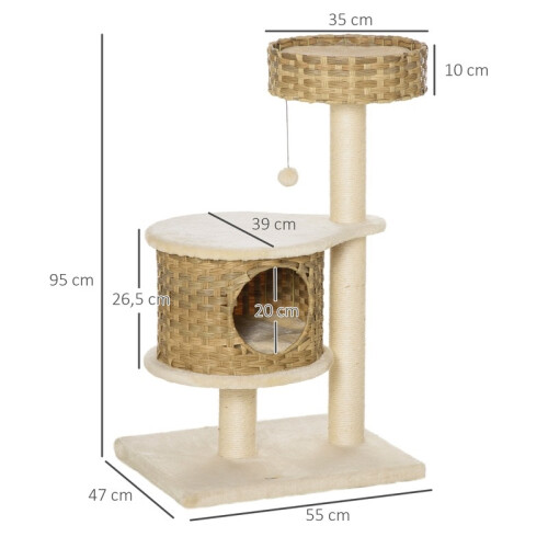 Árvore para gatos de vime com caverna e brinquedo de bola para gatos pequenos. 2