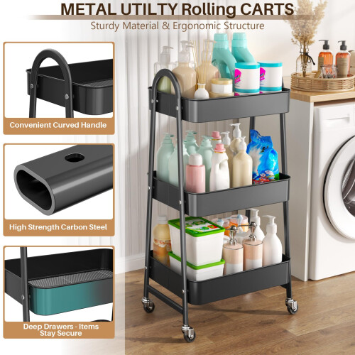 StowBin 3 Tier Metal Storage Trolley with Wheels 2