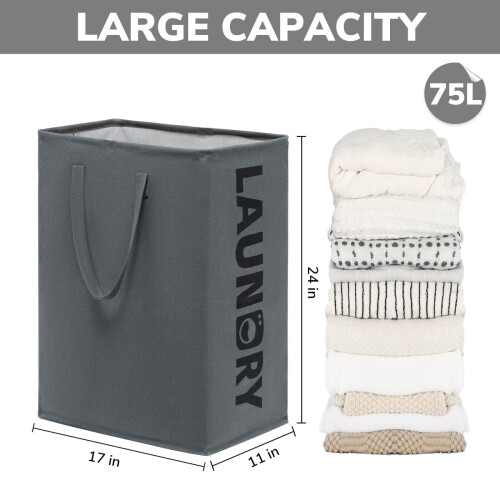 Large Laundry Basket 2-Pack 75L Tall Hampers Collapsible Washing 2