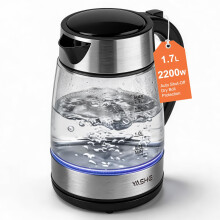 YASHE Electric Glass Kettle 1.7L - 2200W Fast Boil Kettle with Blue LE