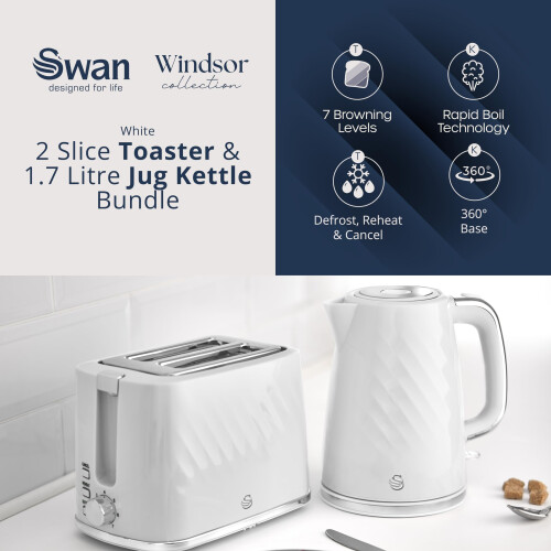 Swan Swan Windsor Kitchen Set - 1.7L Fast Boil Kettle & 2 Slice Toaster 1