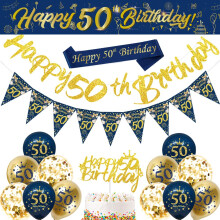 DEARLIVES 50th Birthday Decorations - Blue Gold Happy Birthday Banner