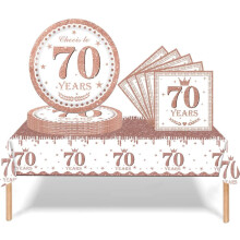 37pcs Rose Gold 70th Birthday Decorations - Tablecloth - Paper Plates