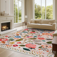Large Rugs Living Room, Low-Pile Boho Floral Printed Rug for Bedrooms Anti-Slip Soft Washable Ultra Thin Carpet for Nursery, Kids' Room, Dining Room
