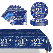 POPOYU 37Pcs Navy Blue Silver 21st Birthday Tableware Set