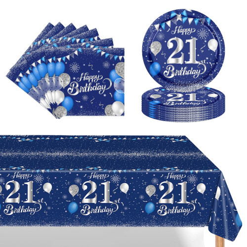 POPOYU 37Pcs Navy Blue Silver 21st Birthday Tableware Set