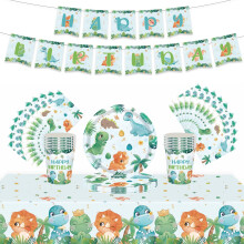 54Pcs Green Dinosaur Animal Party Tableware Decorations for Boy
