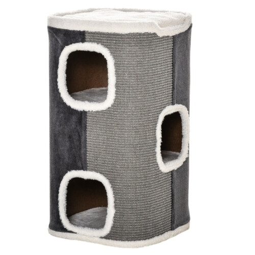 Griffoir à trois niveaux pour chat, gris et blanc
