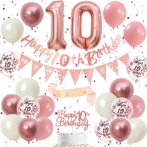 10th Birthday Decorations Retro Pink Rose Gold