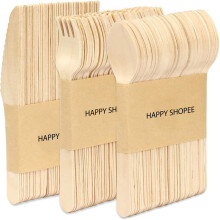 HAPPY SHOPEE 150 PCS Disposable Cutlery | Premium Quality 50 Spoon,50 Forks,50 Knives for Outdoor, Party & More- Wooden Cutlery Birchwood