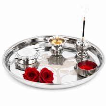 Traditional Stainless Steel Puja Thali Set 5 Piece with Diya Holder, Kumkum Bowl & Incense Stand