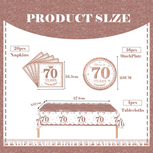 37pcs Rose Gold 70th Birthday Decorations - Tablecloth - Paper Plates 1
