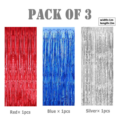 3pcs Red Silver Blue Tinsel Foil Fringe Curtains 1
