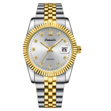 (611 Gold Belt and White Face [Men’s Style]) Premium Couple Watches Pair for Men Women Luminous Calendar Waterproof Casual Quartz Wristwatches