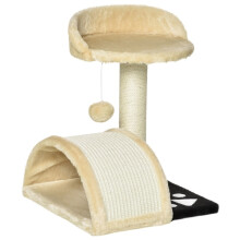 Arbre Ă chat beige avec balles de jeu et poteaux en corde de sisal