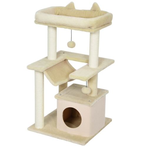 Arranhador para Gatos com Poleiro e Rede, Creme