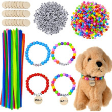 DIY Pet Dog Collar Kit, 1124 Pieces with Pipe Cleaners, Plastic Beads, Alphabet Beads, Wooden Discs, Pet Party Supplies