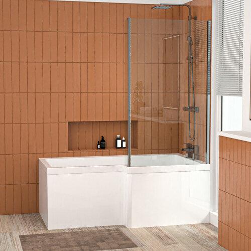 NES Home Nes Home L Shaped RH 1500mm Curved Shower Bath Acrylic Front Panel & Screen 1