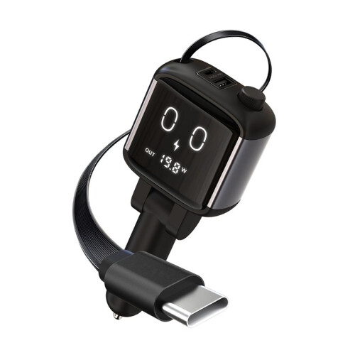 Car Phone Charger with Retractable Cable PD 65W Charging Cable USB-A Type-C 5V 3.6A Output with Display 1
