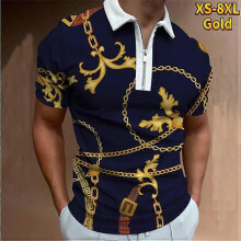 (M, red) Casual Lapel T-shirt Young Men's Fashion Zipper T-shirt Short Sleeve T-shirt Men's 3D Blue Flower Print T Shirt