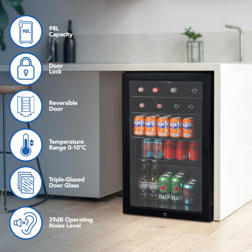 Igenix 98L Under Counter Drinks Fridge, Glass Door, Black 1