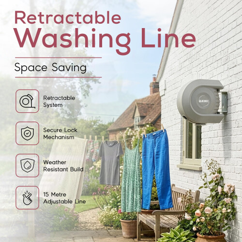 Quebec 15m Heavy Duty Retractable Washing Line Wall Mounted with 1