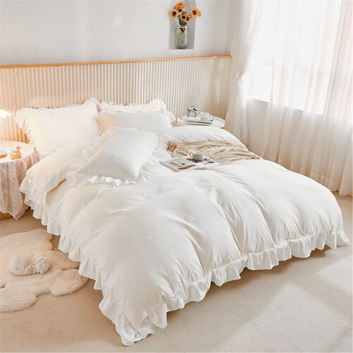 3 Pieces White Ruffle Bedding Set with 2 Pillowcase Frills Duvet Cover 1