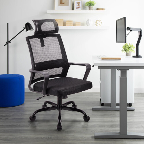 T-THREE. Adjustable headrest office chair - ergonomic mesh swivel seat 1
