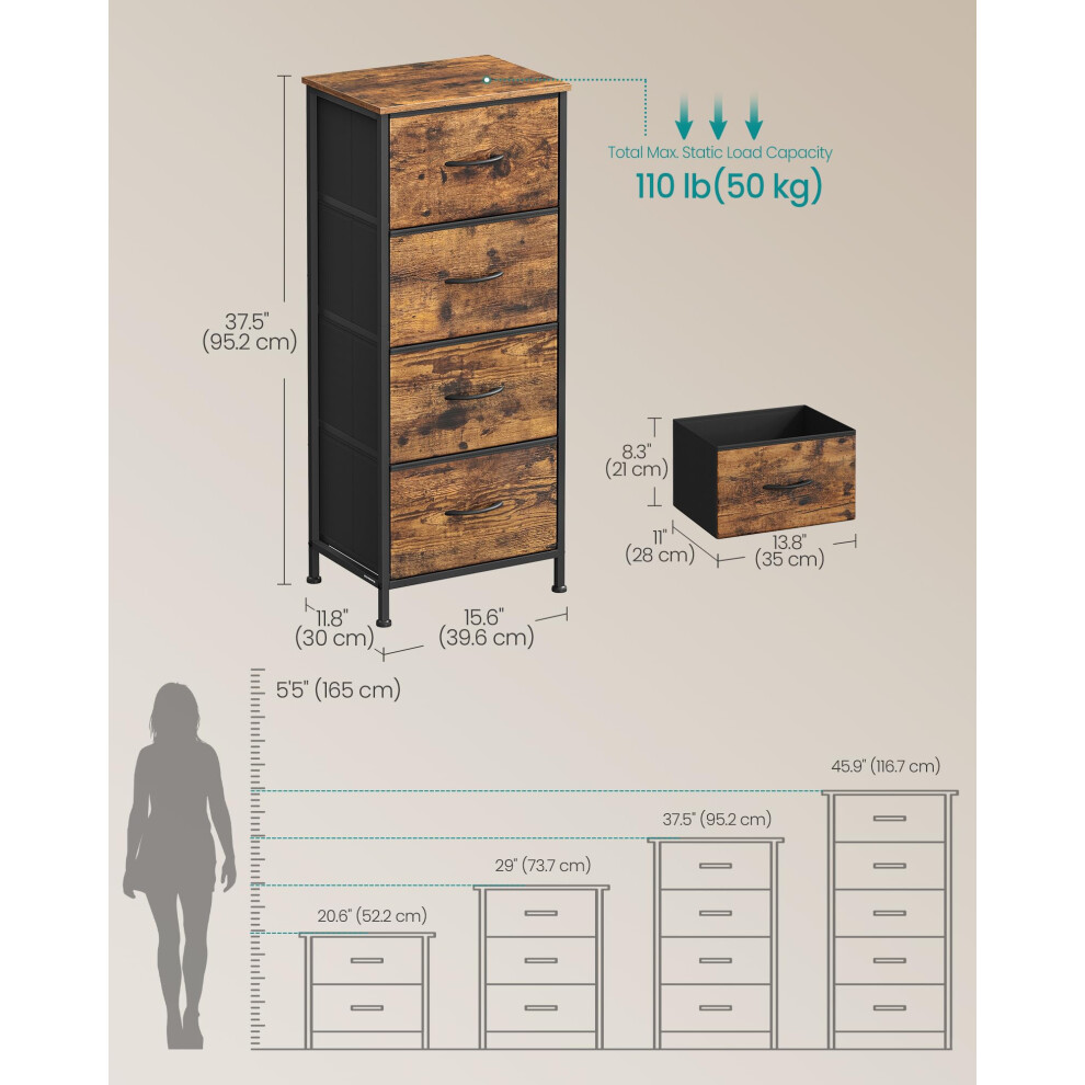 Songmics Chest Of Drawers, 4 Fabric Drawers Storage Unit, Steel, Mdf, Non-Woven Fabric, For Bedroom, Closet, Hallway, Living Room, Rustic Brown And I