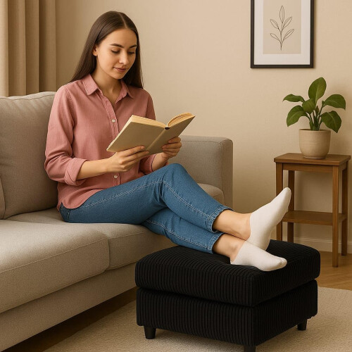 jumbo cord fabric essential footstool large size (Navy Black) 2