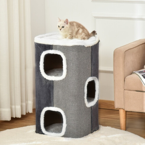 Griffoir à trois niveaux pour chat, gris et blanc 1