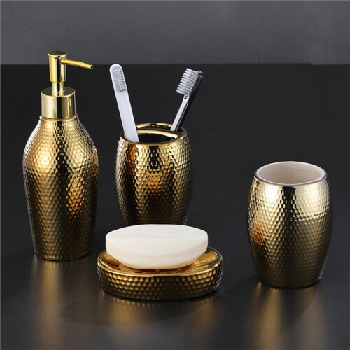 Rose Gold Ceramic Bathroom Accessories Set with Lotion Bottle and Soap Dish 1