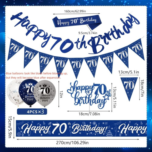 Happy 70th Birthday Decorations for Men - Navy Blue Silver Banners