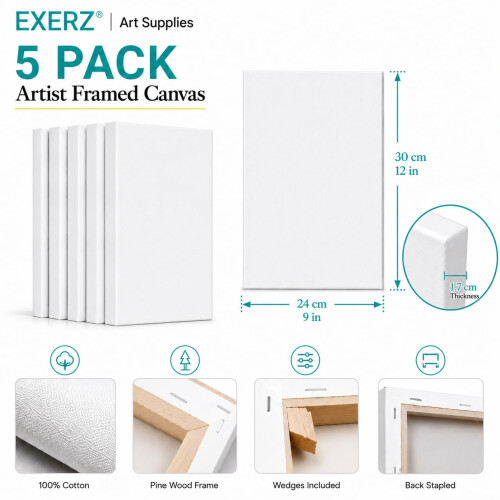 Exerz 24x30cm Pre Stretched Canvas 5 Pack 280gsm Cotton Painting 1