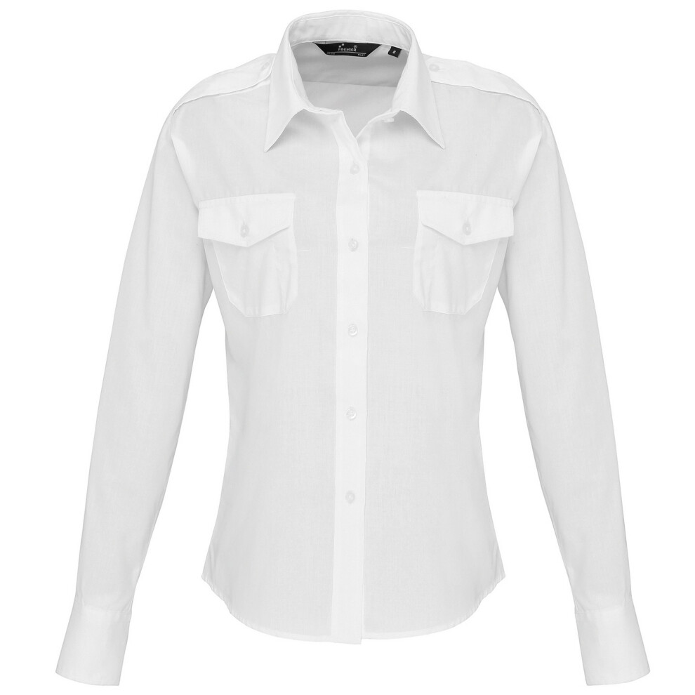 (12, White) Premier Womens/Ladies Long Sleeve Pilot Shirt