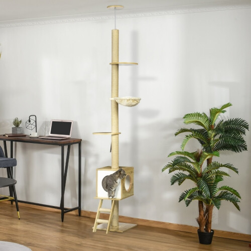 Arbre à chat haut avec maison et hamac, marron 1