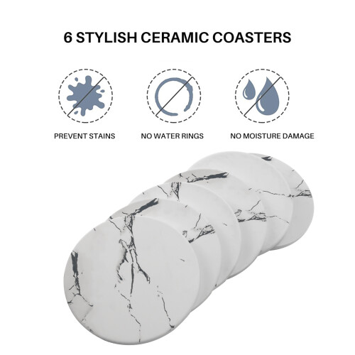 Coaster Sets of 6 Pieces, Absorbent Ceramic Stone Marble Pattern Coasters with Cork Base, White Coasters for Drinks 1