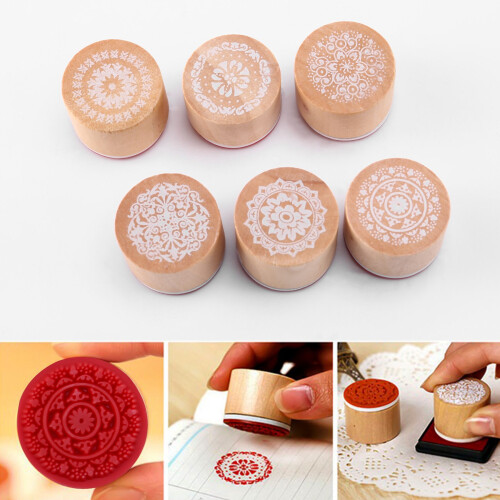 6 Assorted Wooden Rubber Stamp Round Handwriting Floral Flower 2