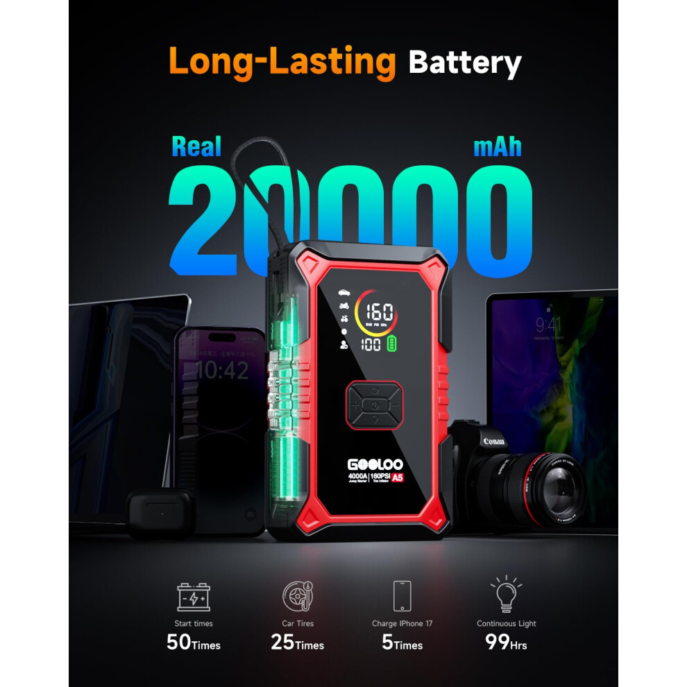 Gooloo A5 Jump Starter With Air Compressor, 4000A Car Battery Booster Black 5005526693601