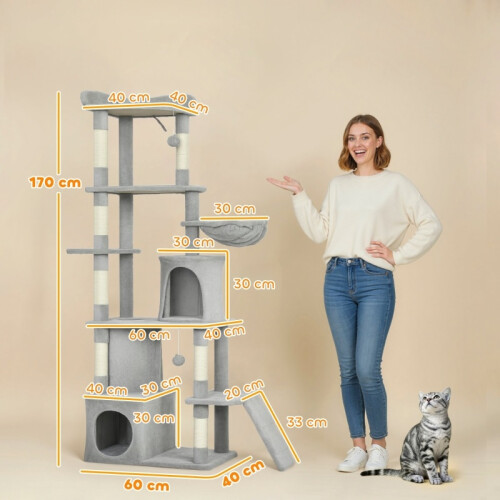 Arranhador alto para gatos com túnel e cavernas, cinza 2