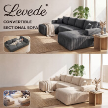 (Grey) Levede Modular Sofa Bed Corduroy 3 4 Seater Cozy Corner Convertible Lounge Couch