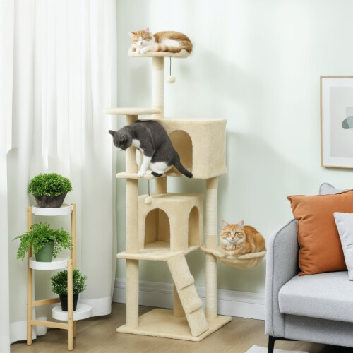 Torre per gatti extra alta con amaca e scaletta, beige 1