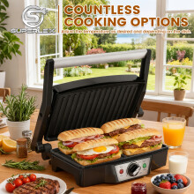 (Black) Electric Grill/ Panini Press Stainless Steel/ 1800W Non-Stick Griddle Plate/ Indoor Grill with Drip Tray/ Temperature