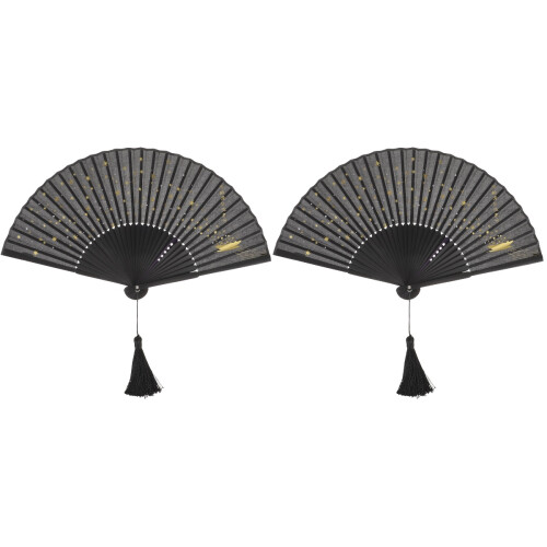 2Pièces Éventail Pliable Bambou Noir Style Chinois Décoratif