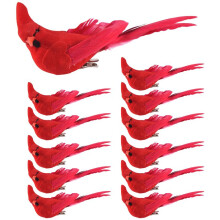 12Pcs Clip- Artificial Red Cardinals Christmas Ornaments Feathered Bird Xmas